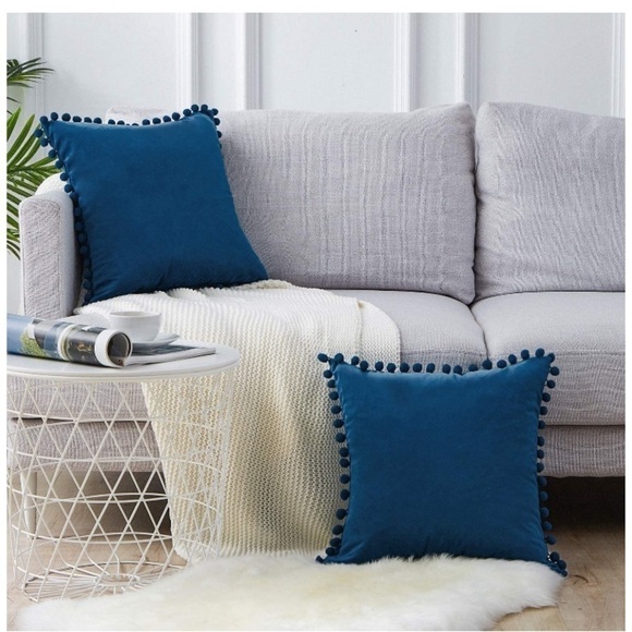 Trendy Navy Blue Modern Farmhouse Style Cute Pompom Throw Pillow Cover Set - Picture 2 of 16